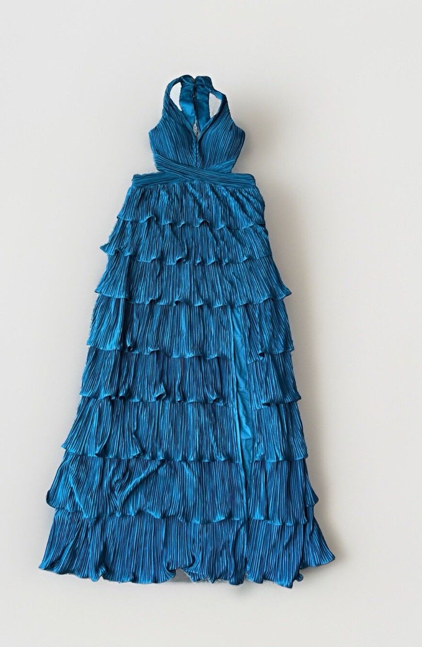 Lulus Beauty Icon Teal Satin Pleated Tiered Ruffle Lace Up Maxi Gown Dress XL